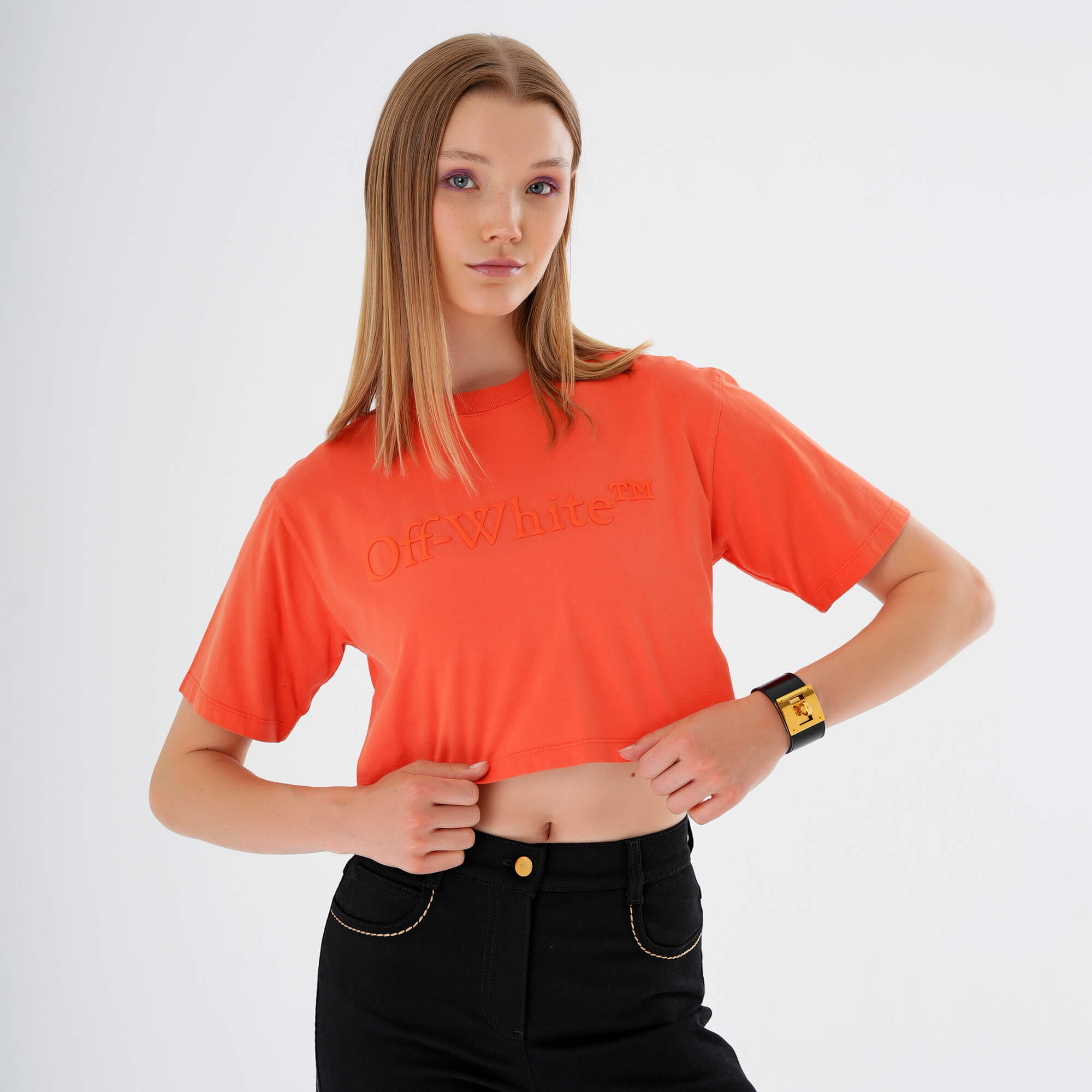 Off White - Orange Logo Printed  Cropped Tshirt M